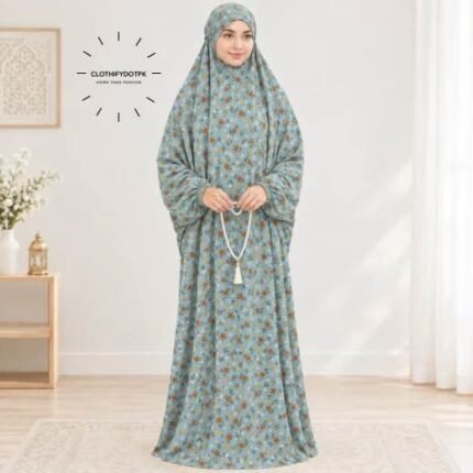 Woman standing wearing printed arabic namaz chadar holding prayer beads full coverage and comfort without compromising style. BY CLOTHIFYDOTPK