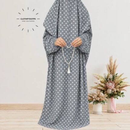 Woman standing wearing printed arabic namaz chadar holding prayer beads full coverage and comfort without compromising style. BY CLOTHIFYDOTPK