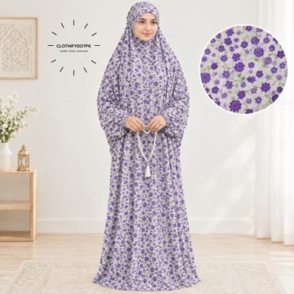 Woman standing wearing printed arabic namaz chadar holding prayer beads full coverage and comfort without compromising style. BY CLOTHIFYDOTPK