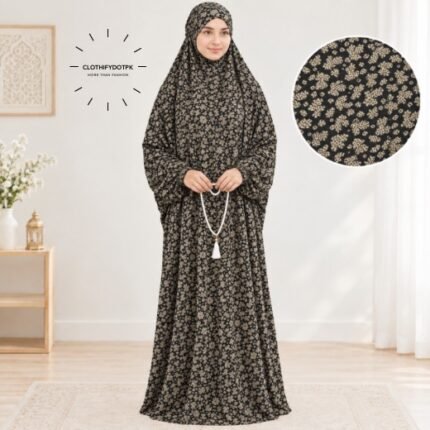 Women's wearing printed Saudi Style namaz chadar – full coverage modest Islamic prayer outfit combining comfort and style. Premium quality abaya-style namaz chadar for Muslim women praying at home or mosque. Available at CLOTHIFYDOTPK.