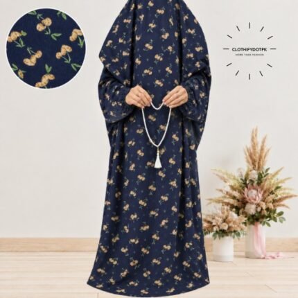 Woman standing wearing printed arabic namaz chadar holding prayer beads full coverage and comfort without compromising style. BY CLOTHIFYDOTPK