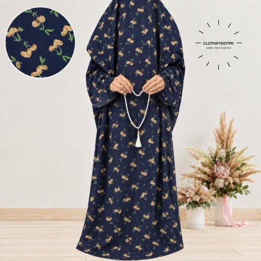 Arabic Namaz chadar - 34 Woman standing wearing printed arabic namaz chadar holding prayer beads full coverage and comfort without compromising style. BY CLOTHIFYDOTPK