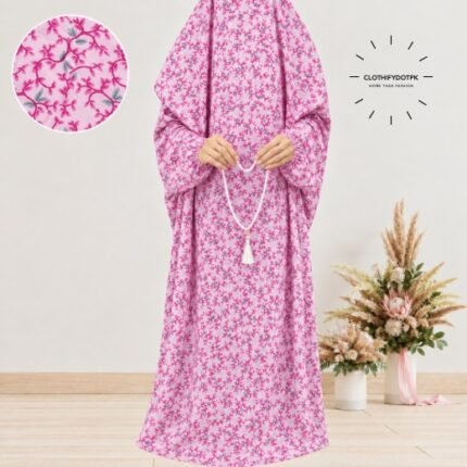 Woman standing wearing printed arabic namaz chadar holding prayer beads full coverage and comfort without compromising style. BY CLOTHIFYDOTPK