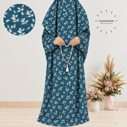 Woman standing wearing printed arabic namaz chadar holding prayer beads full coverage and comfort without compromising style. BY CLOTHIFYDOTPK