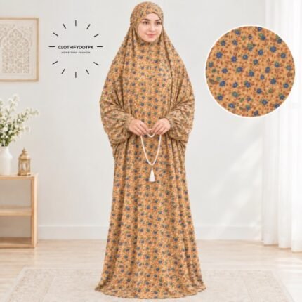 Woman standing wearing printed arabic namaz chadar holding prayer beads full coverage and comfort without compromising style. BY CLOTHIFYDOTPK