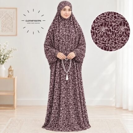 Woman standing wearing printed arabic namaz chadar holding prayer beads full coverage and comfort without compromising style. BY CLOTHIFYDOTPK