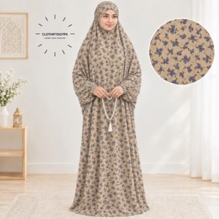 Woman standing wearing printed arabic namaz chadar holding prayer beads full coverage and comfort without compromising style. BY CLOTHIFYDOTPK