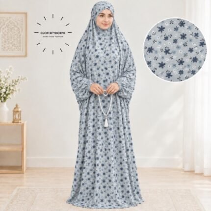 Woman standing wearing printed arabic namaz chadar holding prayer beads full coverage and comfort without compromising style. BY CLOTHIFYDOTPK