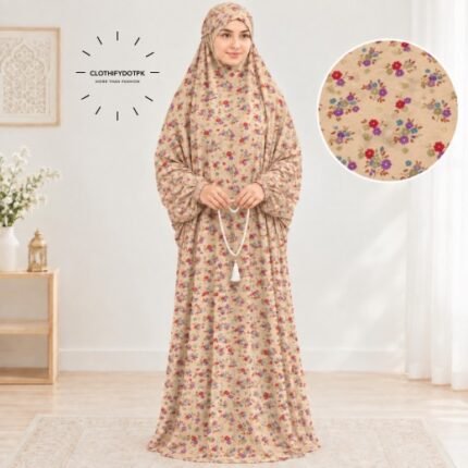 Woman standing wearing printed arabic namaz chadar holding prayer beads full coverage and comfort without compromising style. BY CLOTHIFYDOTPK
