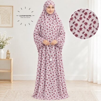 Woman standing wearing printed arabic namaz chadar holding prayer beads full coverage and comfort without compromising style. BY CLOTHIFYDOTPK