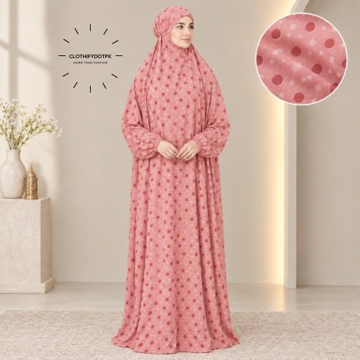 Woman standing wearing printed arabic namaz chadar holding prayer beads full coverage and comfort without compromising style. BY CLOTHIFYDOTPK