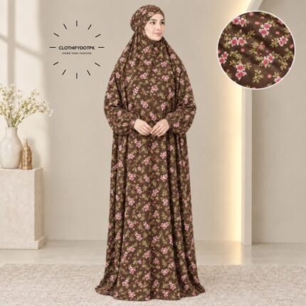 Woman standing wearing printed arabic namaz chadar holding prayer beads full coverage and comfort without compromising style. BY CLOTHIFYDOTPK