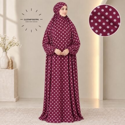 Woman standing wearing printed arabic namaz chadar holding prayer beads full coverage and comfort without compromising style. BY CLOTHIFYDOTPK