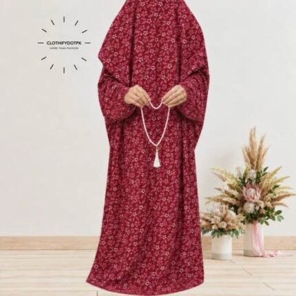 Woman standing wearing printed arabic namaz chadar holding prayer beads full coverage and comfort without compromising style. BY CLOTHIFYDOTPK