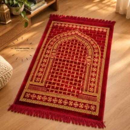This beautifully designed, carpet prayer mat offers premium quality and is shown flat - courtesy of CLOTHIFYDOTPK.