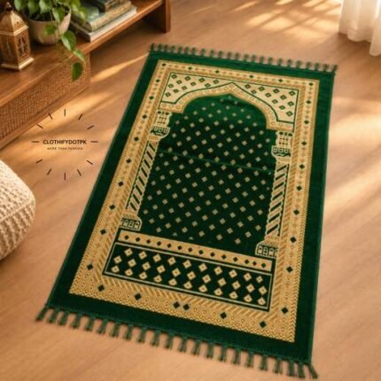 This beautifully designed, carpet prayer mat offers premium quality and is shown flat - courtesy of CLOTHIFYDOTPK.