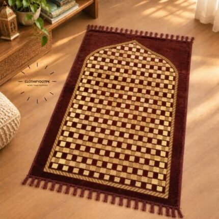 This beautifully designed, carpet prayer mat offers premium quality and is shown flat - courtesy of CLOTHIFYDOTPK.