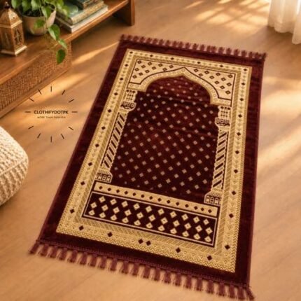 This beautifully designed, carpet prayer mat offers premium quality and is shown flat - courtesy of CLOTHIFYDOTPK.