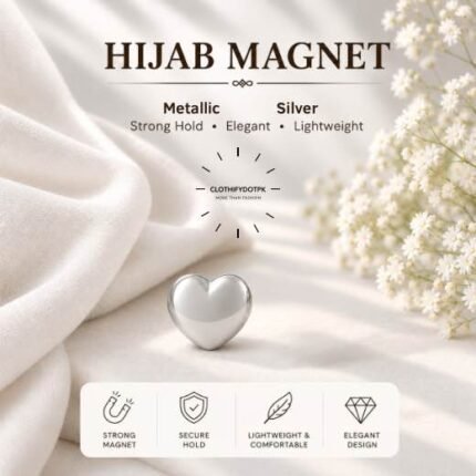 Pair of hijab magnets with strong magnetic closure – snag-free and pin-free alternative for secure everyday wear. BY CLOTHIFYDOTPK