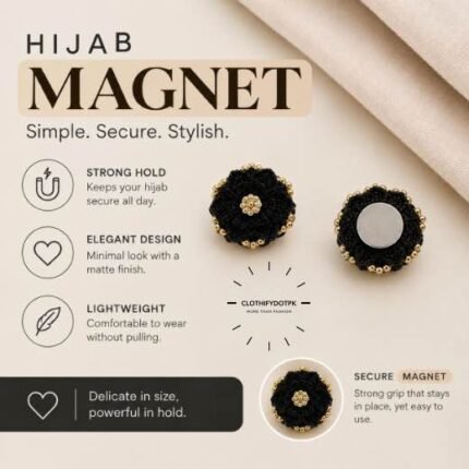 Pair of hijab magnets with strong magnetic closure – snag-free and pin-free alternative for secure everyday wear. BY CLOTHIFYDOTPK