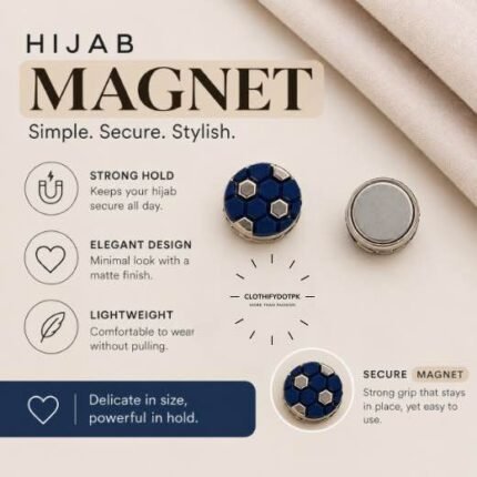Pair of hijab magnets with strong magnetic closure – snag-free and pin-free alternative for secure everyday wear. BY CLOTHIFYDOTPK