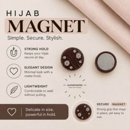 Pair of hijab magnets with strong magnetic closure – snag-free and pin-free alternative for secure everyday wear. BY CLOTHIFYDOTPK