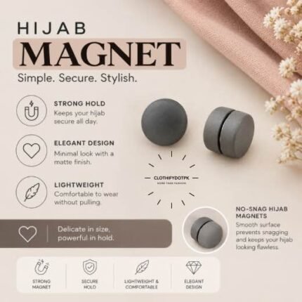 Pair of hijab magnets with strong magnetic closure – snag-free and pin-free alternative for secure everyday wear. BY CLOTHIFYDOTPK