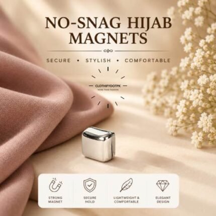 Pair of hijab magnets with strong magnetic closure – snag-free and pin-free alternative for secure everyday wear. BY CLOTHIFYDOTPK