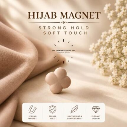 Pair of hijab magnets with strong magnetic closure – snag-free and pin-free alternative for secure everyday wear. BY CLOTHIFYDOTPK