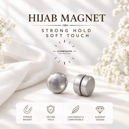 Pair of hijab magnets with strong magnetic closure – snag-free and pin-free alternative for secure everyday wear. BY CLOTHIFYDOTPK