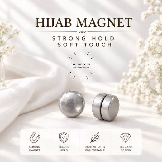 Pair of hijab magnets with strong magnetic closure – snag-free and pin-free alternative for secure everyday wear. BY CLOTHIFYDOTPK