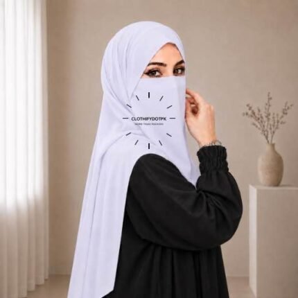 A woman wearing a complete 2 piece hijab set with a niqab covering her face, leaving only eyes visible. The set includes an Hijab and separate niqab. By CLOTHIFYDOTPK