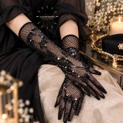 A pair of fancy, imported net gloves featuring a detailed rhinestones with mesh pattern. BY CLOTHIFYDOTPK