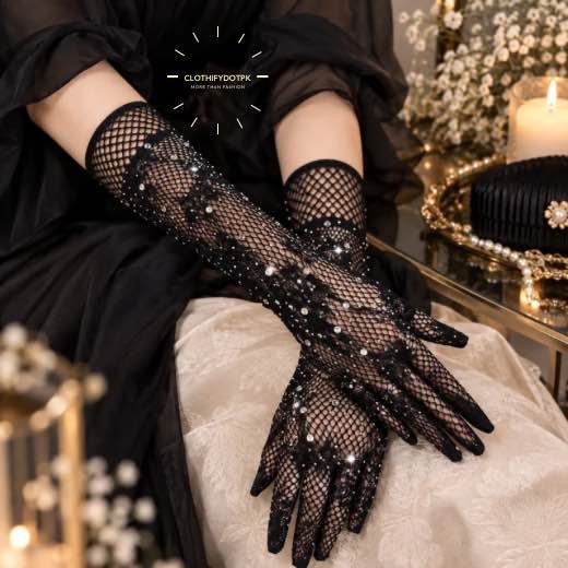 Imported-Fancy-Gloves_01818 - 41 A pair of fancy, imported net gloves featuring a detailed rhinestones with mesh pattern. BY CLOTHIFYDOTPK