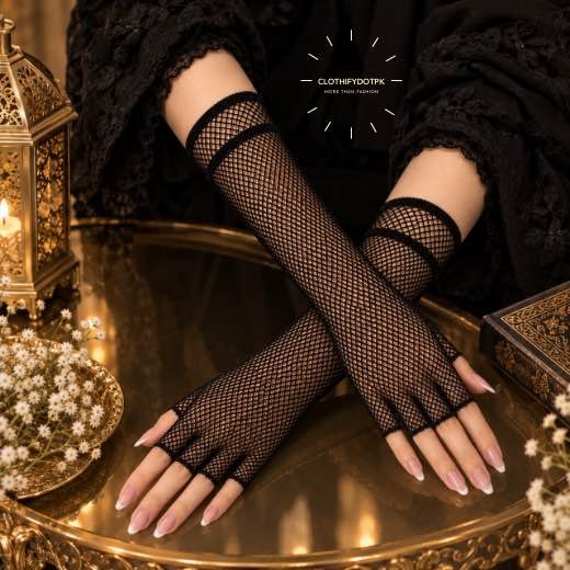 Imported-Fancy-Gloves_01818 - 45 Women wearing Imported Mesh stretchy fingerless Gloves. BY CLOTHIFYDOTPK