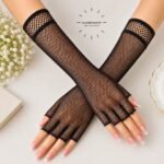 Women wearing Imported Mesh stretchy fingerless Gloves. BY CLOTHIFYDOTPK
