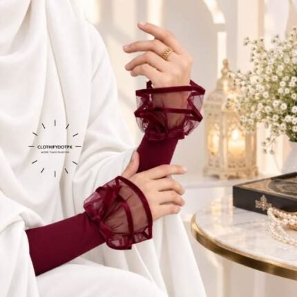 Woman wearing soft and lightweight Elegant Fancy Enlace Arm Sleeves. BY CLOTHIFYDOTPK