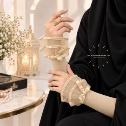 Woman wearing soft and lightweight Elegant Fancy Enlace Arm Sleeves. BY CLOTHIFYDOTPK
