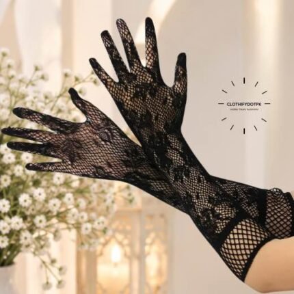 Women wearing a pair of fancy, imported net gloves featuring a detailed mesh pattern. BY CLOTHIFYDOTPK