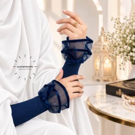 Woman wearing soft and lightweight Elegant Fancy Enlace Arm Sleeves. BY CLOTHIFYDOTPK