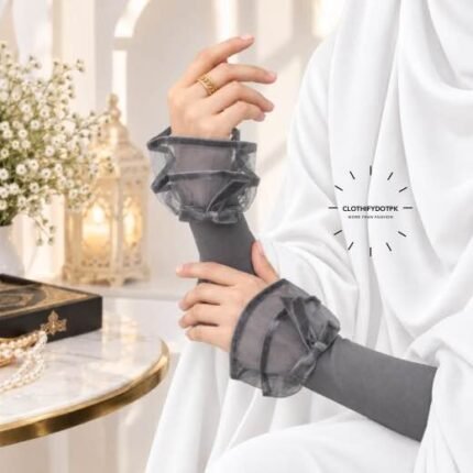 Woman wearing soft and lightweight Elegant Fancy Enlace Arm Sleeves. BY CLOTHIFYDOTPK
