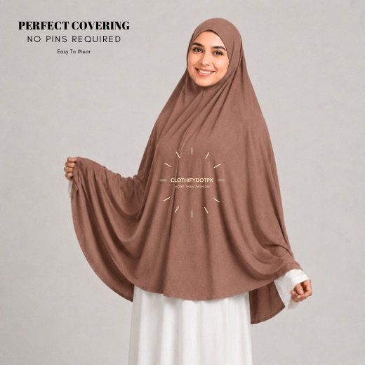 Jersey Makhna Hijab XL061 - 27 A woman wearing a Bronze jersey Hajj and Umrah scarf – a Namaz Makhna hijab designed for head, neck and shoulder coverage without the need for pins. By CLOTHIFYDOTPK