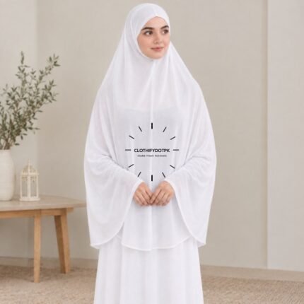 A woman wearing Imported jersey Hajj and Umrah scarf – a Namaz Makhna hijab designed for head, neck and shoulder coverage without the need for pins. By CLOTHIFYDOTPK