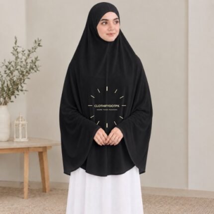 A woman wearing Imported jersey Hajj and Umrah scarf – a Namaz Makhna hijab designed for head, neck and shoulder coverage without the need for pins. By CLOTHIFYDOTPK