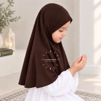Kids wearing Lightweight, non-slip Jersey Namaz Makhna Hijab, available in multiple colors, perfect for everyday wear. BY CLOTHIFYDOTPK