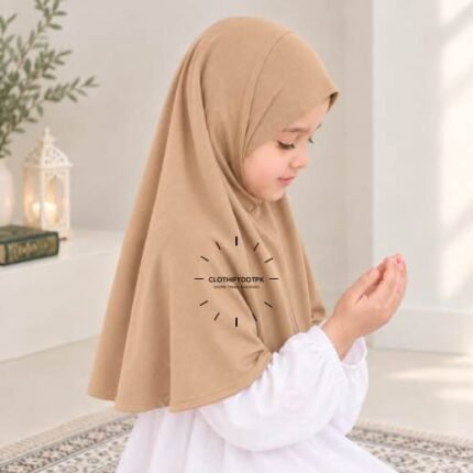 Kids wearing Lightweight, non-slip Jersey Namaz Makhna Hijab, available in multiple colors, perfect for everyday wear. BY CLOTHIFYDOTPK