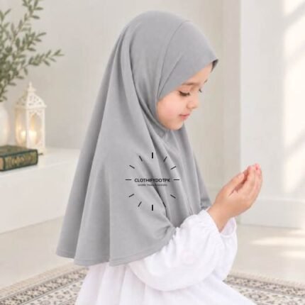 Kids wearing Lightweight, non-slip Jersey Namaz Makhna Hijab, available in multiple colors, perfect for everyday wear. BY CLOTHIFYDOTPK