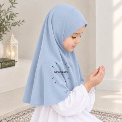 Kids wearing Lightweight, non-slip Jersey Namaz Makhna Hijab, available in multiple colors, perfect for everyday wear. BY CLOTHIFYDOTPK