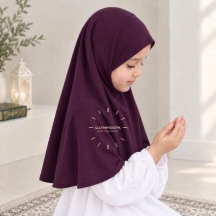 Kids wearing Lightweight, non-slip Jersey Namaz Makhna Hijab, available in multiple colors, perfect for everyday wear. BY CLOTHIFYDOTPK