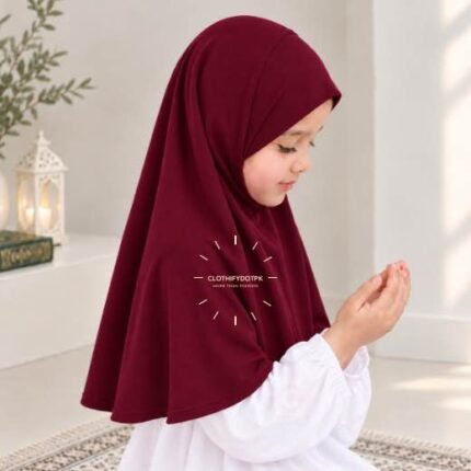 Kids wearing Lightweight, non-slip Jersey Namaz Makhna Hijab, available in multiple colors, perfect for everyday wear. BY CLOTHIFYDOTPK